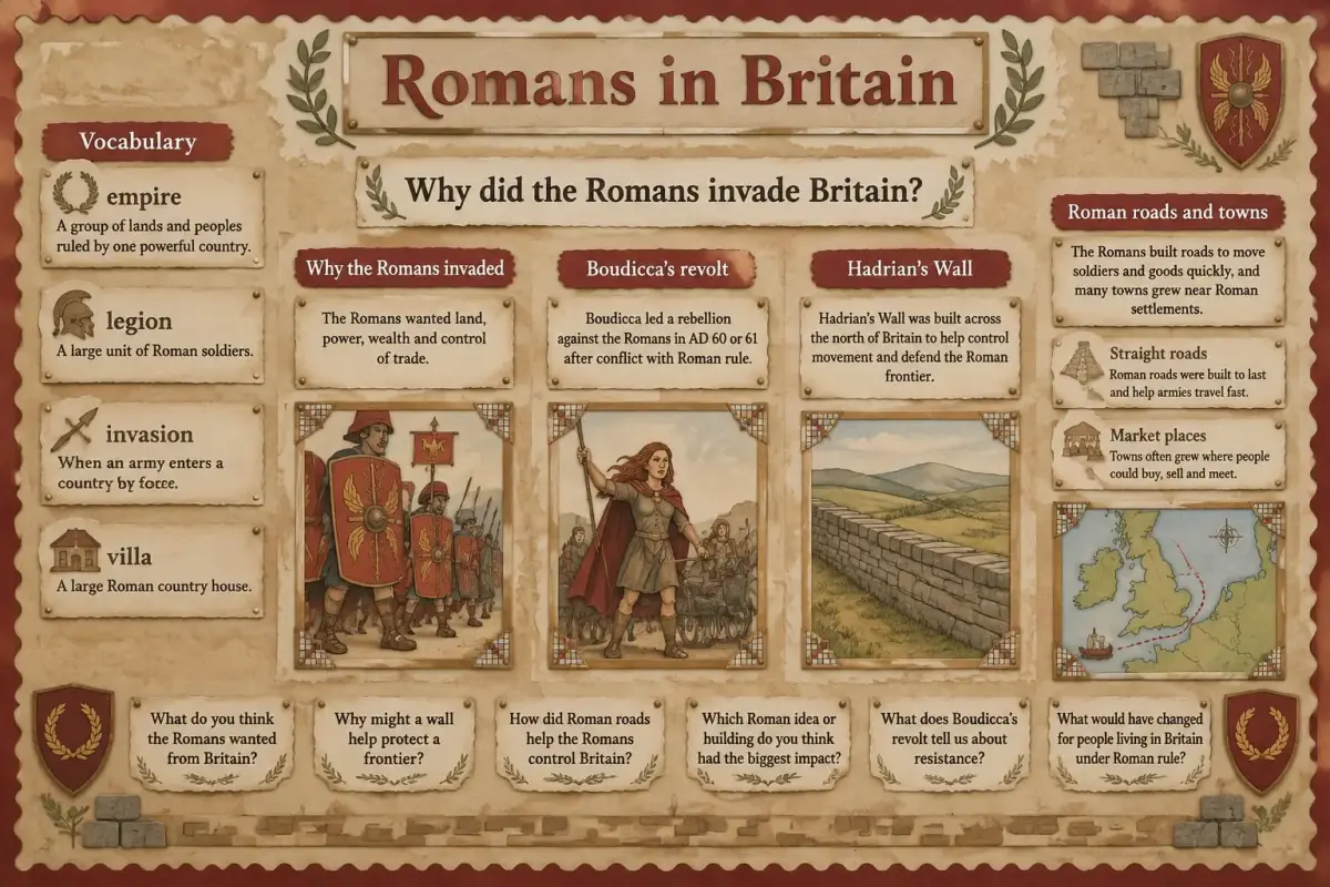 A Romans in Britain working wall with vocabulary cards, story panels, pictures and question cards