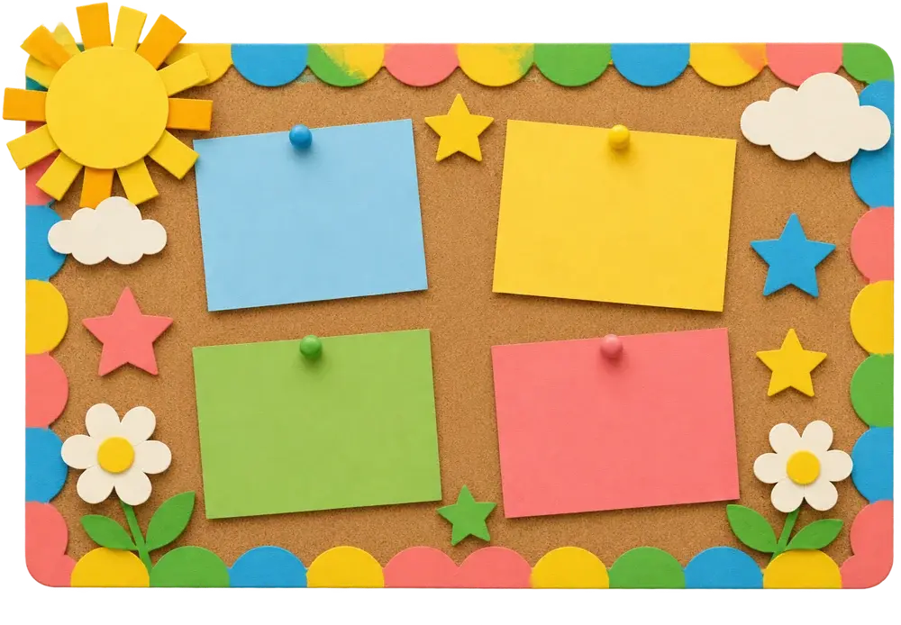 A paper cut-out of a display board with notes, stars and flowers