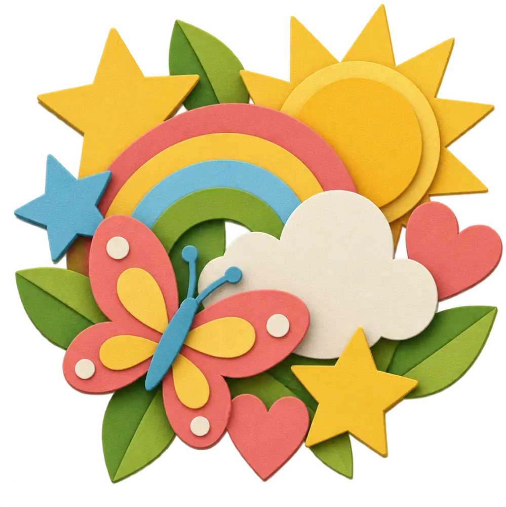 Paper cut-out decorations: a rainbow, stars, a butterfly and hearts