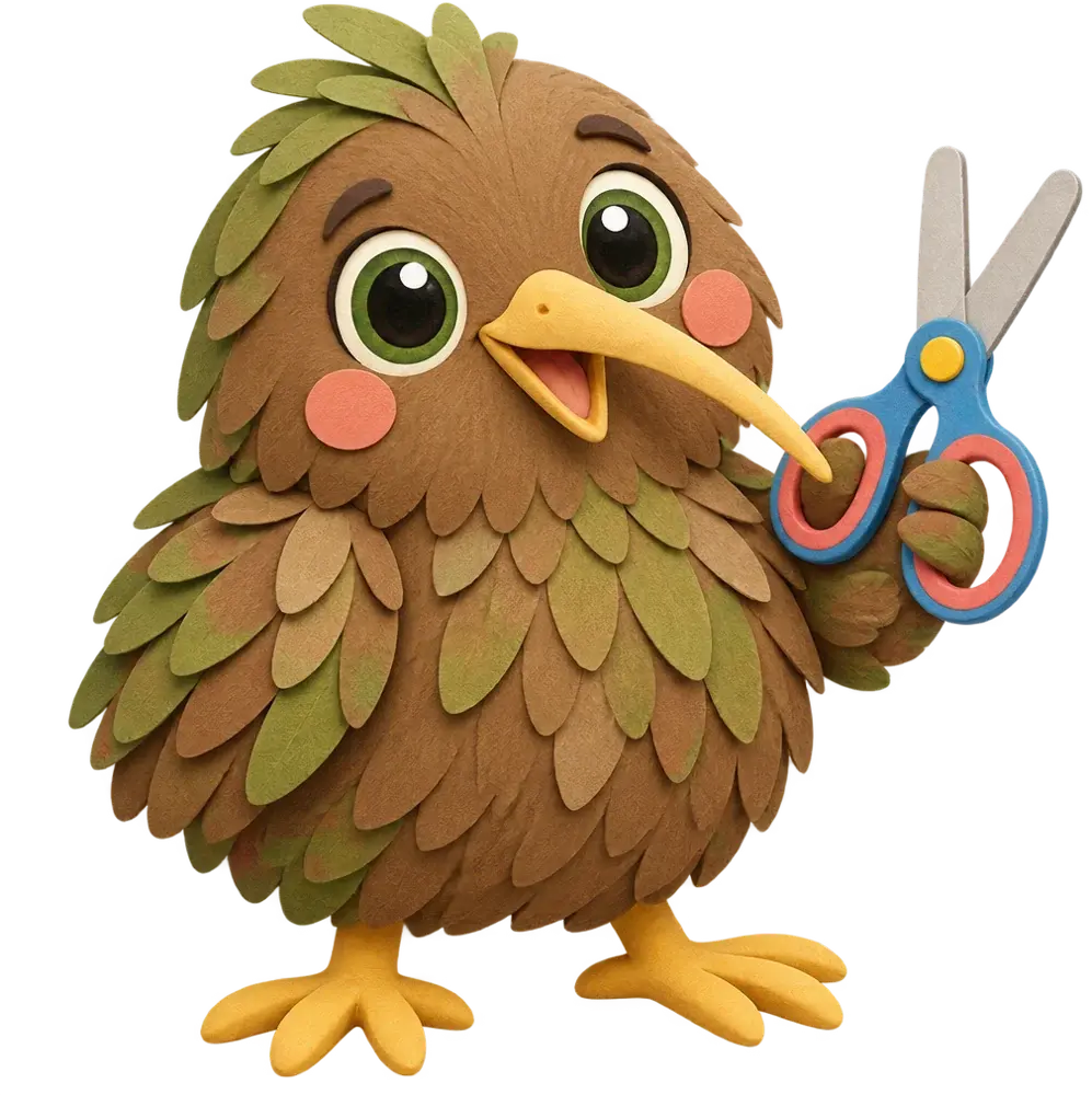 The WallKiwi kiwi holding a pair of scissors