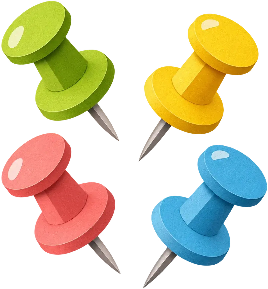 Four coloured drawing pins