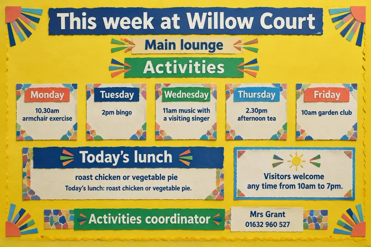 This week at Willow Court activities board with a card for each weekday, today's lunch, visitors welcome and the activities coordinator
