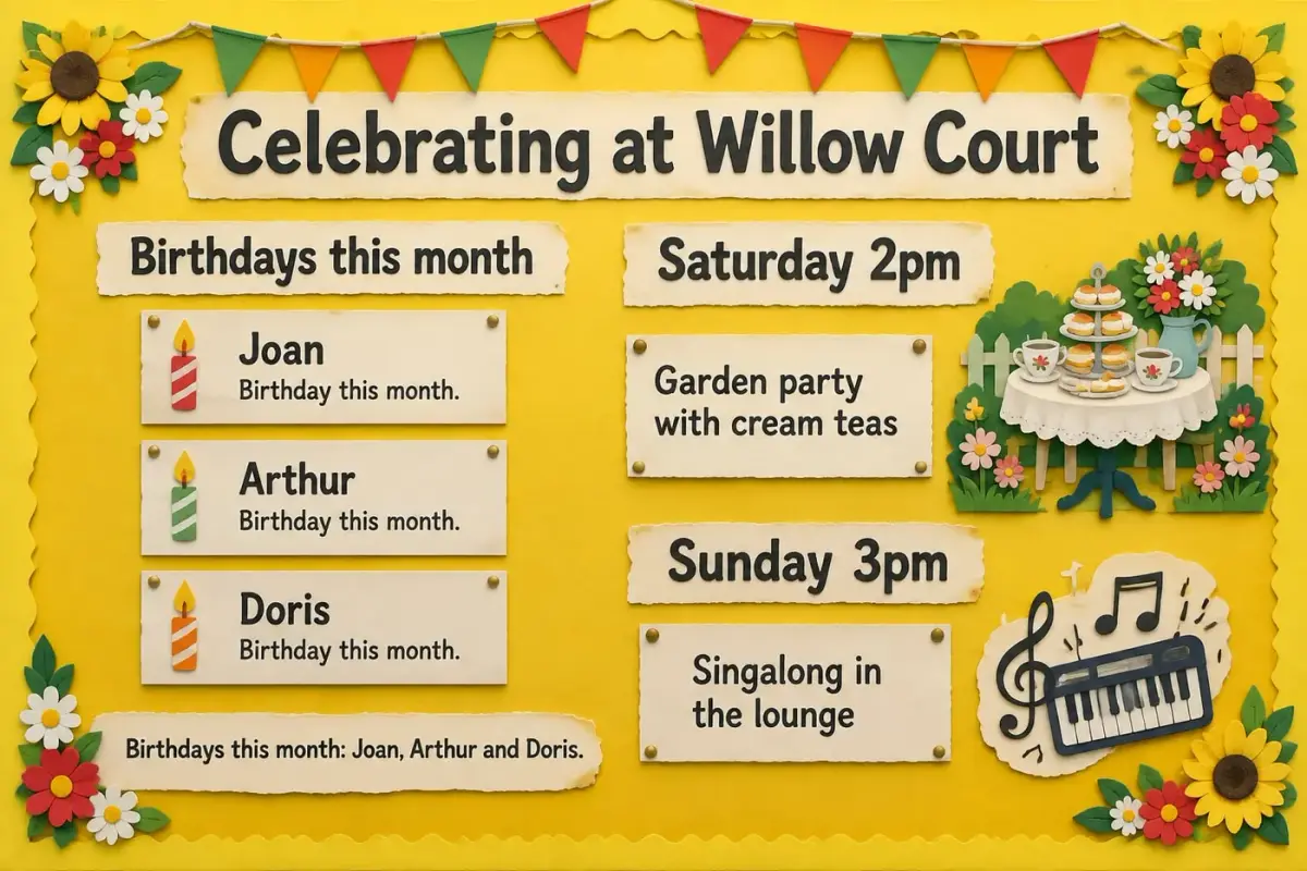 Celebrating at Willow Court board with this month's birthdays, a garden party and a singalong