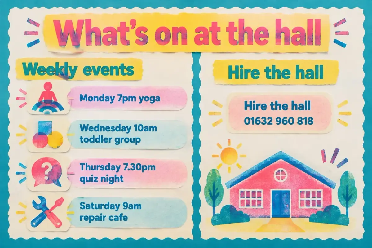 What's on at the hall board with the week's events and the number to hire the hall