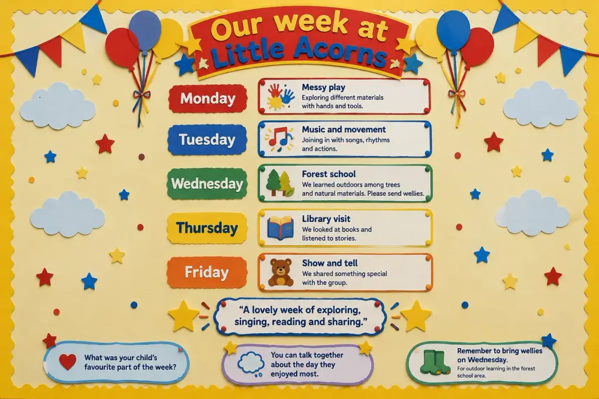 Our week at Little Acorns board with a coloured card for each day's activity