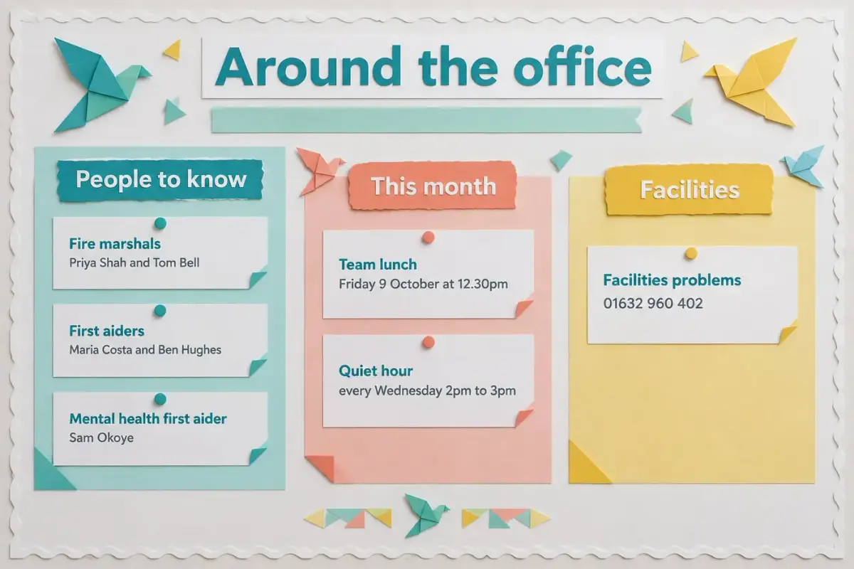 Around the office kitchen noticeboard with who to ask and this month's events