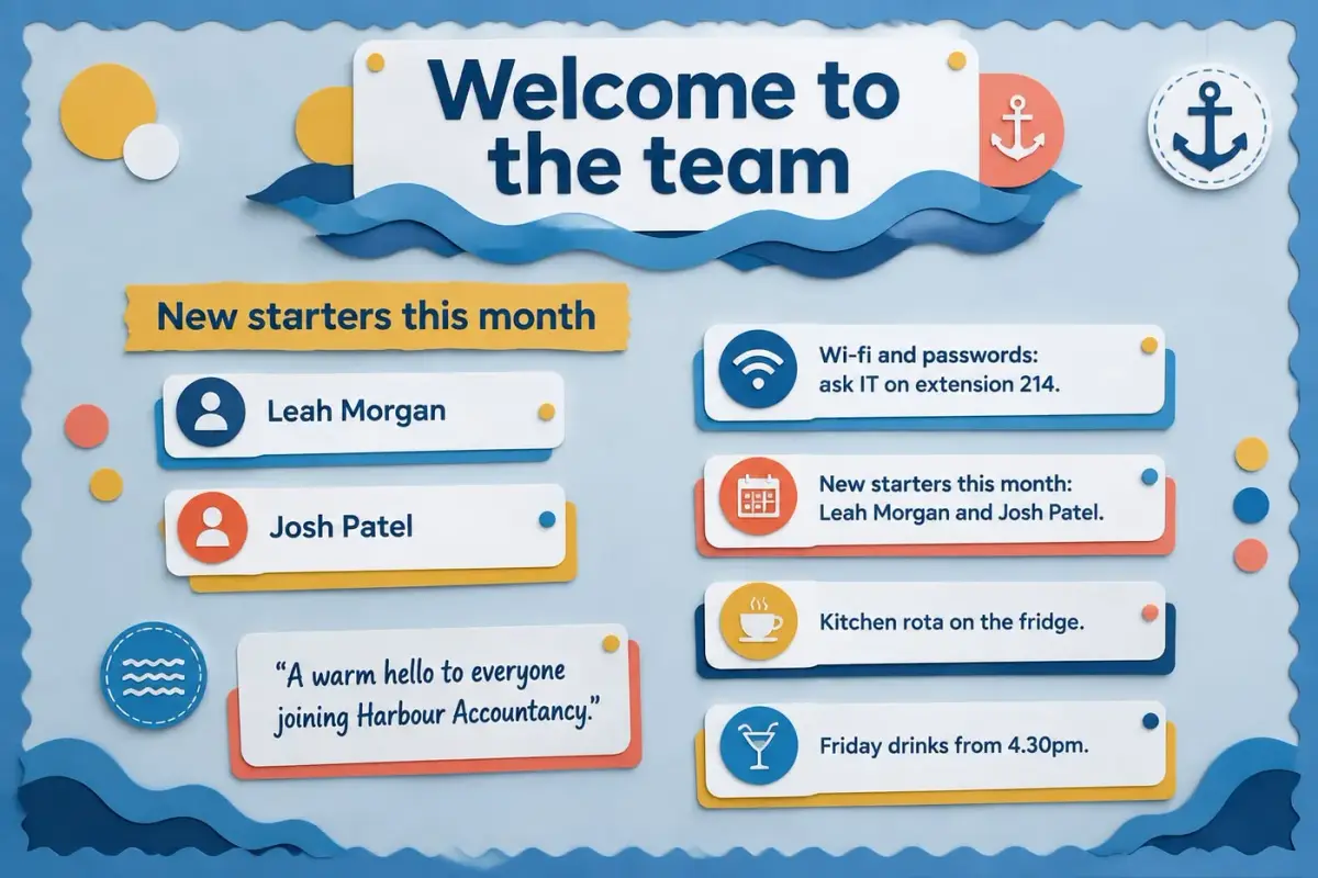 Welcome to the team board with new starters, wi-fi help, the kitchen rota and Friday drinks