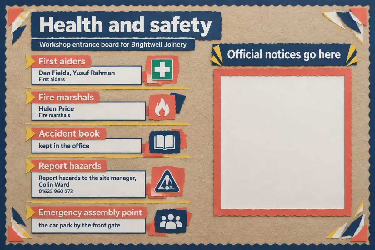 Health and safety board with first aiders, fire marshals, the accident book and a frame for the official poster