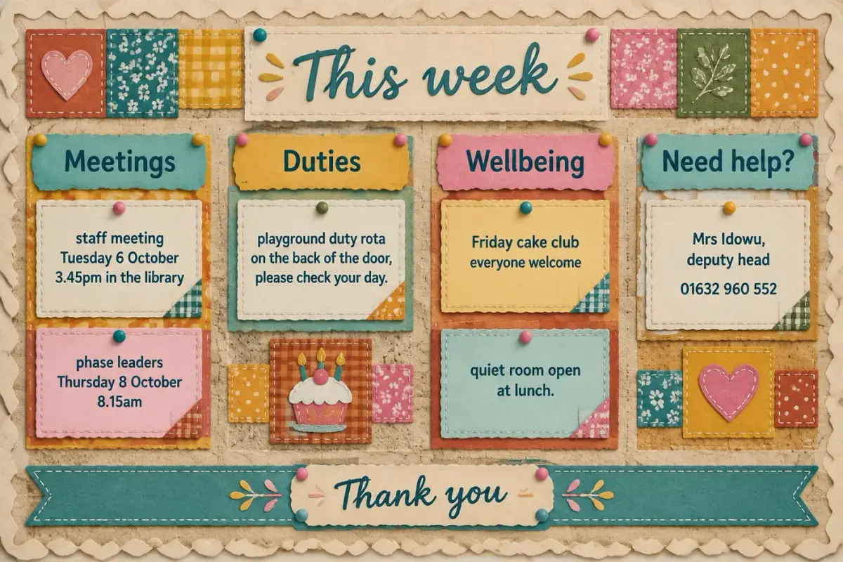 This week staff room board with meetings, duties, wellbeing and who to ask for help