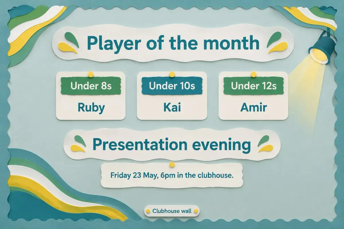 Player of the month board for three age groups with the presentation evening date