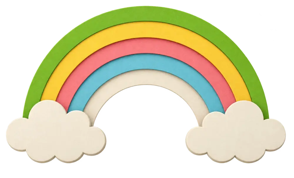 A paper cut-out rainbow between two clouds
