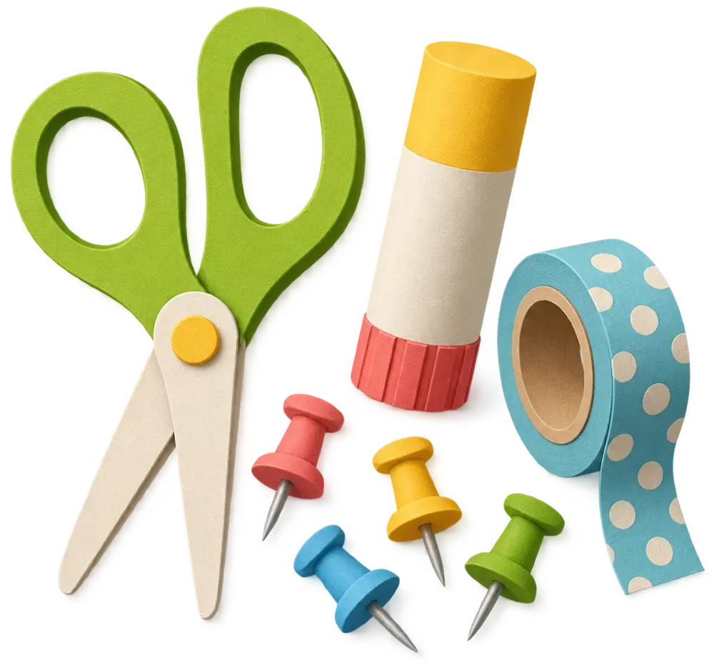 Scissors, a glue stick, washi tape and drawing pins